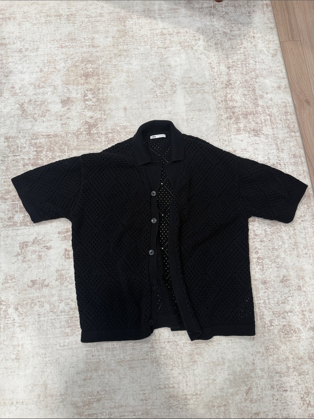 Zara Black Short-Sleeve Open-Knit Button-Up Shirt